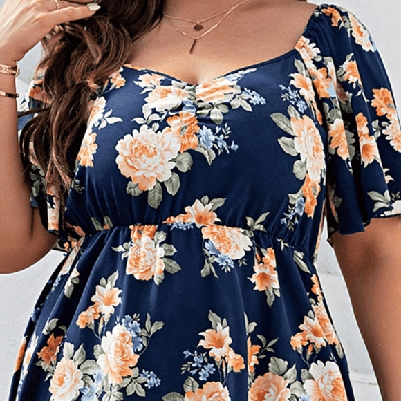 Navy Floral Print Flutter Sleeve Mini Dress - Picture 2 of 5